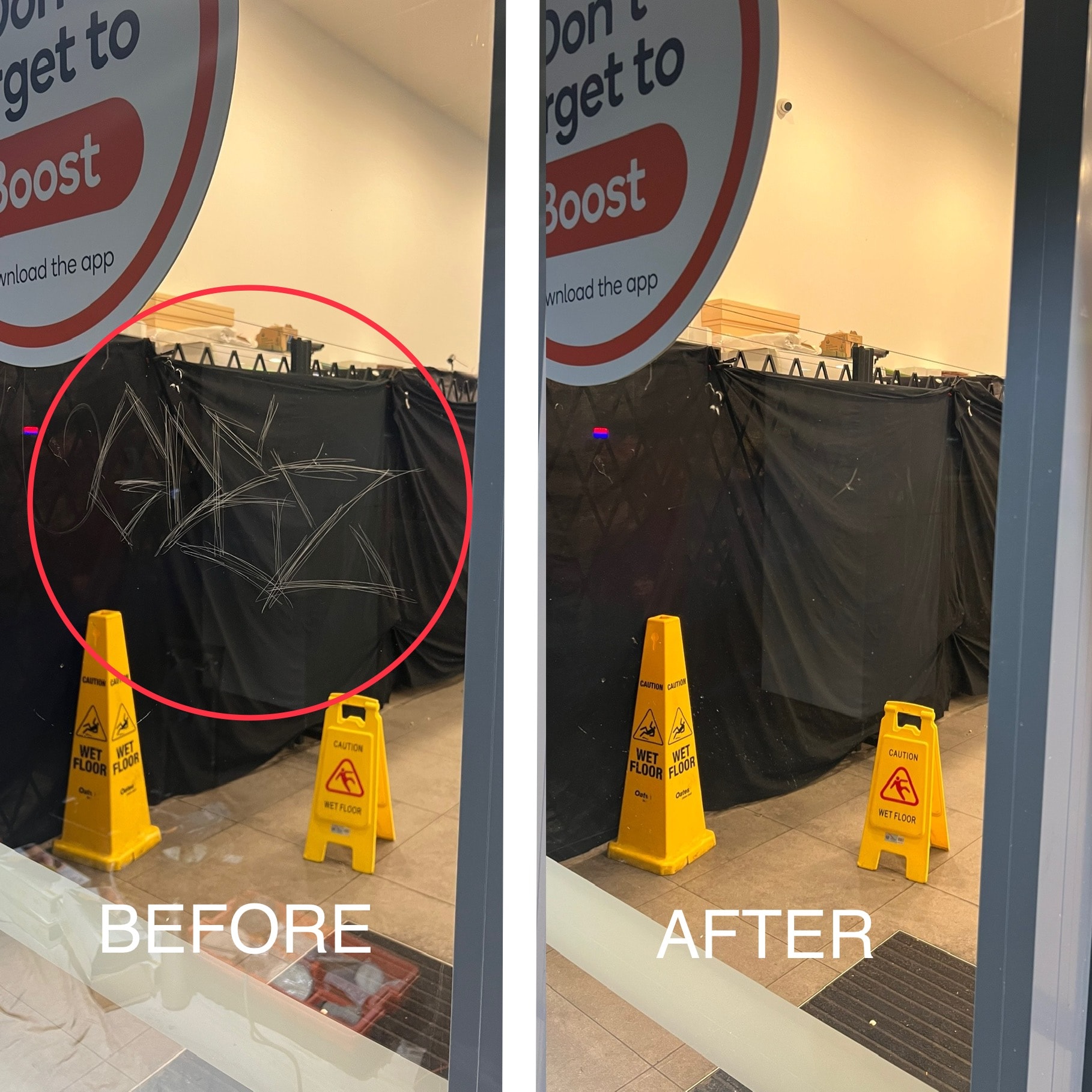 Graffiti scratch removal from commercial shopfront